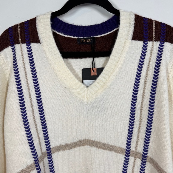 EXUS Striped Knit Sweater V-Neck Brown Cream Blue Size M Women’s Casual Pullover - Picture 3 of 13